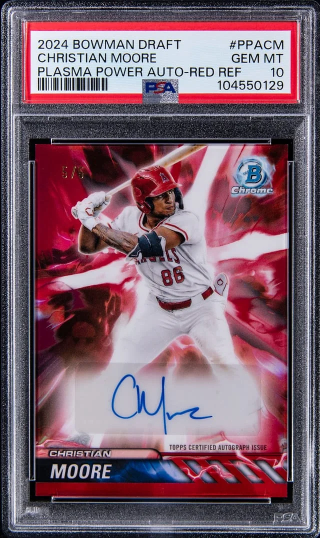 2024 Bowman Draft Christian Moore Plasma Power Autographs Red Refractor #PPA-CM card image