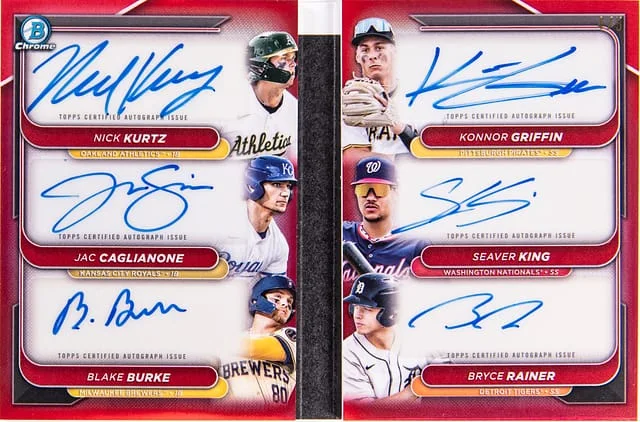 2024 Bowman Draft Kurtz/Caglianone/Burke/Griffin/King/Rainer Multi-Signed Postioned For Excellence Autograph Book Card Red Refractor #PEA-KCBGKR card image