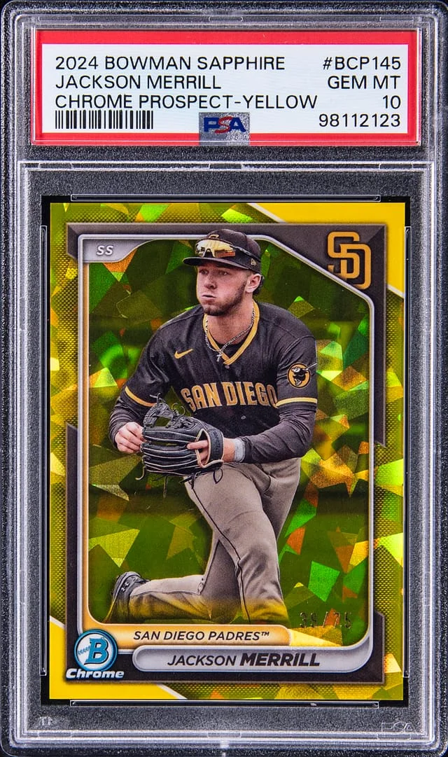 2024 Bowman Jackson Merrill Sapphire Chrome Prospect Yellow #BCP-145 card image