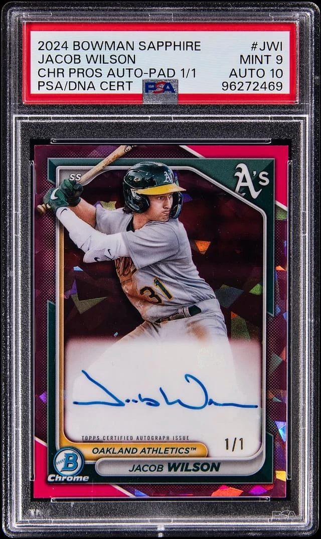 2024 Bowman Jacob Wilson Sapphire Edition Chrome Prospect Autographs Padparadscha #BSPA-JWI card image