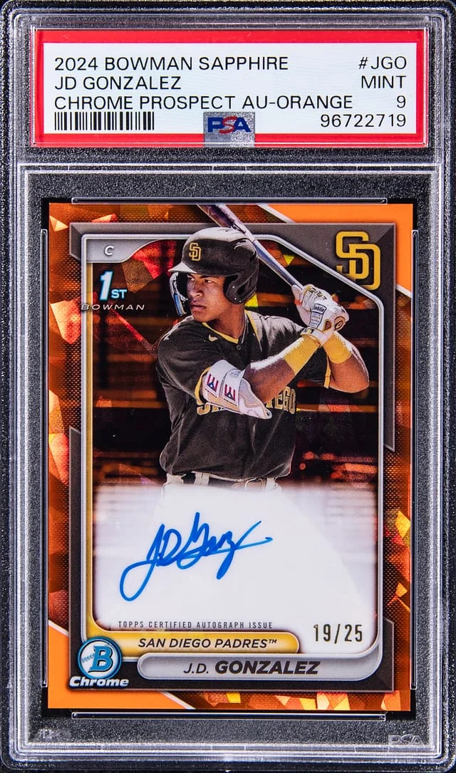 2024 Bowman J.D. Gonzalez Sapphire Chrome Prospect Autograph Orange #BSPA-JGO card image