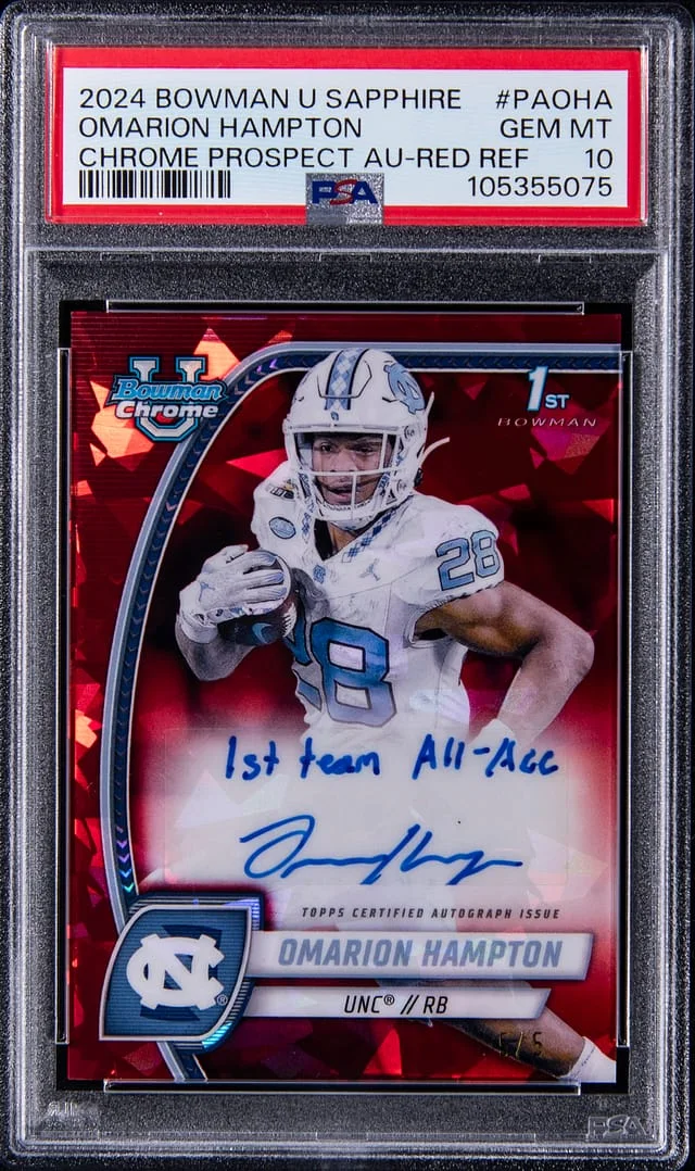 2024 Bowman Omarion Hampton U Sapphire Chrome Prospect Autograph Red Refractor #PA-OHA card image