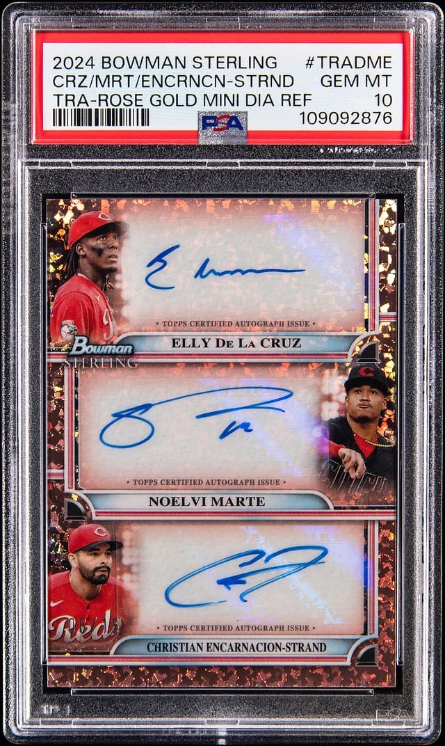 2024 Bowman Sterling Elly De La Cruz, Noelvi Marte, Christian Encarnacion-Strand Triple Refractor Autographs Gold Mini Diamond Refractor #TRADME card image