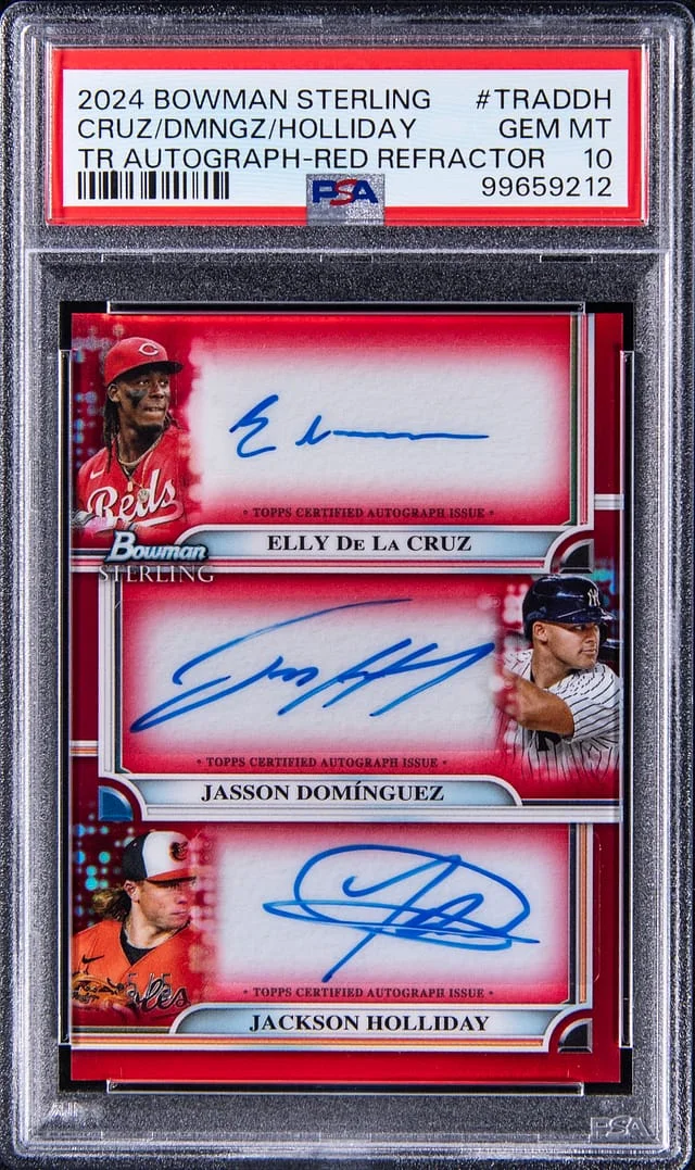 2024 Bowman Sterling Elly De La Cruz/Jasson Dominguez/Jackson Holliday Multi-Signed Triple Autograph Red Refractor #TRA-DDH card image