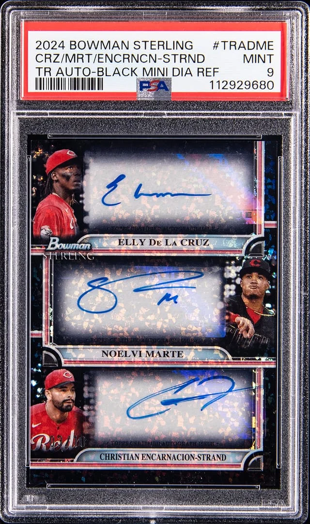 2024 Bowman Sterling Elly De La Cruz/Noelvi Marte/Christian Encarnacion-Strand Multi-Signed Triple Autograph Black Mini Diamond Refractor #TRA-DME card image