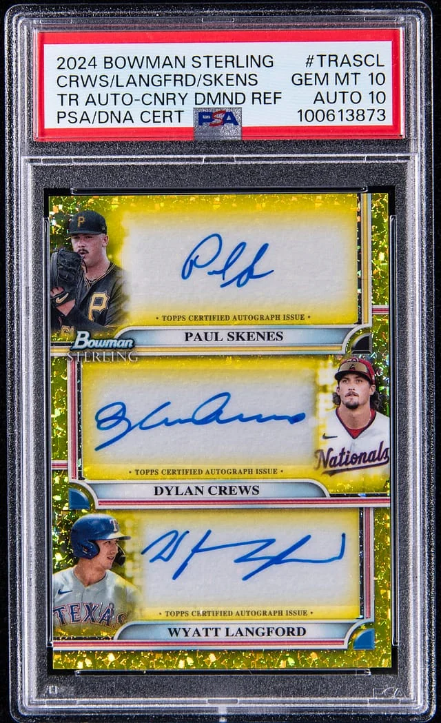 2024 Bowman Sterling Paul Skenes/Dylan Crews/Wyatt Langford Multi-Signed Triple Autographs Canary Diamond Refractor #TRA-SCL card image