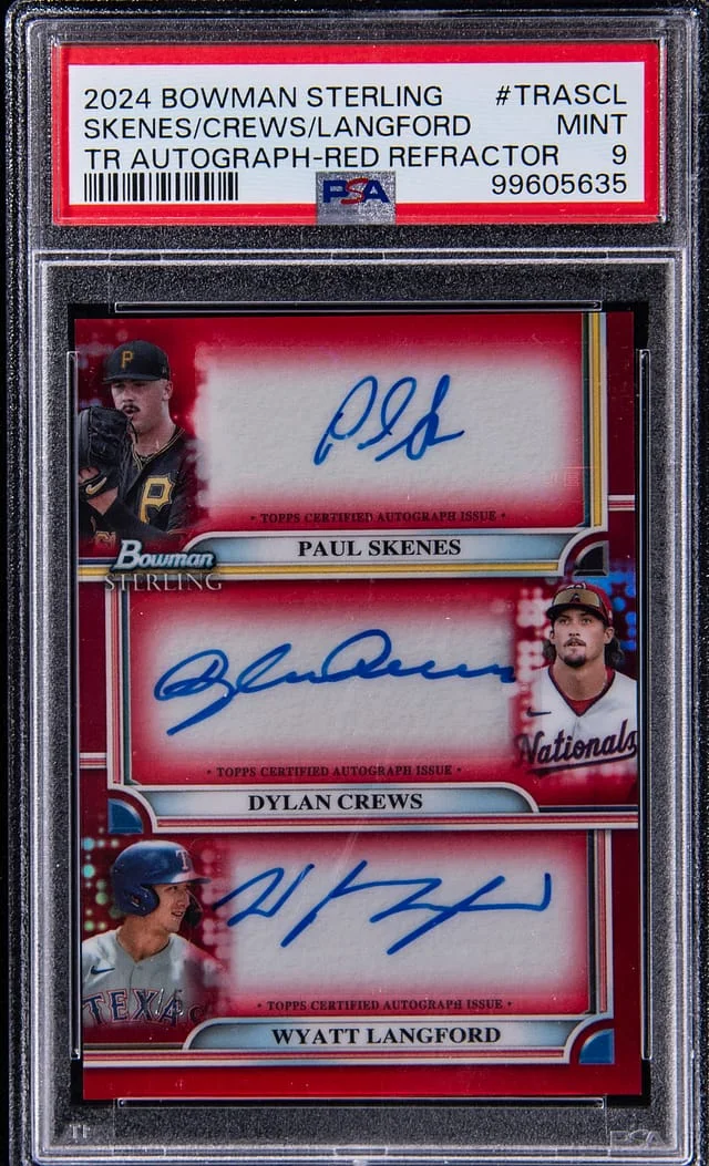 2024 Bowman Sterling Paul Skenes/Dylan Crews/Wyatt Langford Triple Triple Autograph Red Refractor #TRA-SCL card image