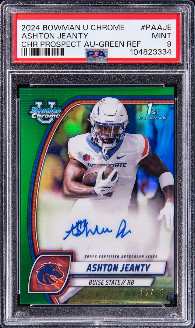2024 Bowman University Chrome Ashton Jeanty Prospect Autographs Green Refractor #PA-AJE card image