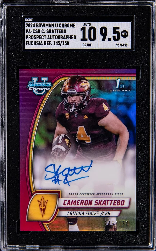 2024 Bowman University Chrome Cameron Skattebo Prospect Autographed Fuchisa Refractor #PA-CSK card image