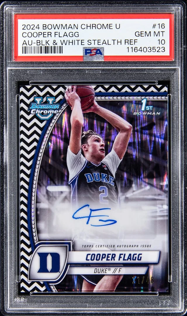 2024 Bowman University Chrome Cooper Flagg Autograph Black & White Stealth Refractor #16 card image