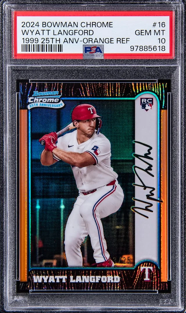 2024 Bowman Wyatt Langford Chrom 1999 25th Anniversary Orange Refractor #16 card image
