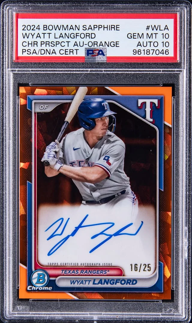2024 Bowman Wyatt Langford Sapphire Edition Chrome Prospect Autographs Orange Refractor #BSPA-WLA card image