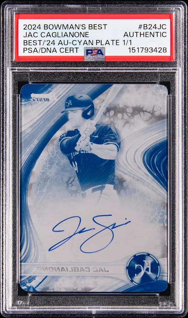 2024 Bowman's Best Jac Caglianone of 2024 Autographs Cyan Printing Plate #B24-JCE card image