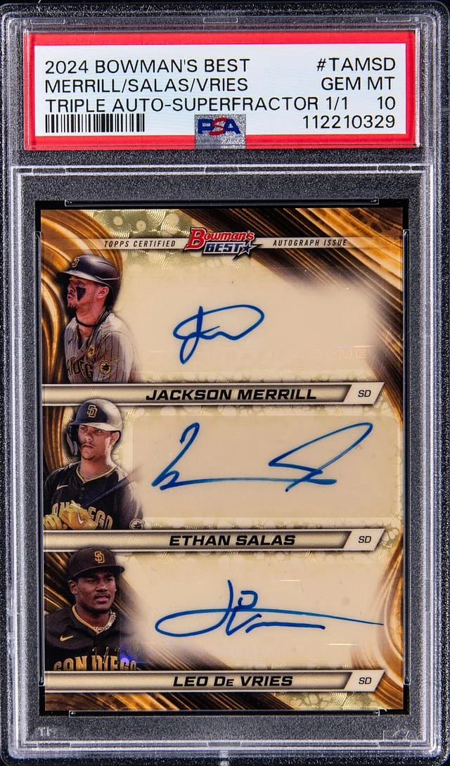 2024 Bowman's Best Jackson Merrill/Ethan Salas/Leo De Vries Multi-Signed Triple Autographs SuperFractor #TA-MSD card image