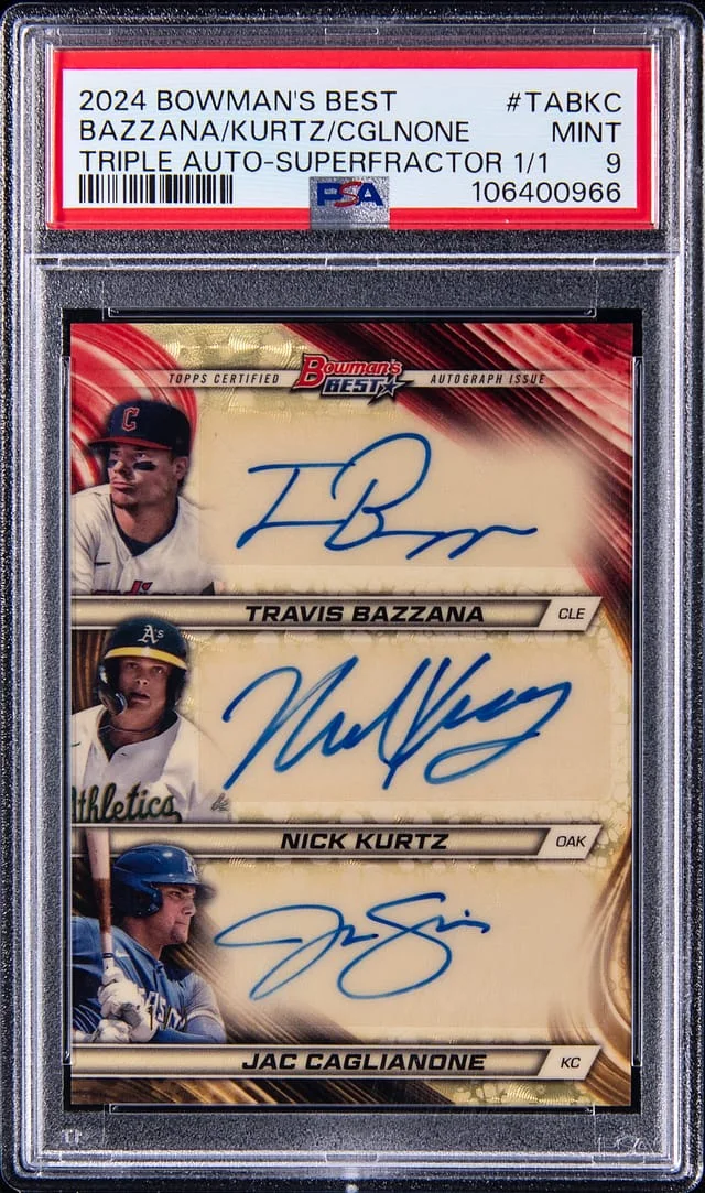 2024 Bowman's Best Travis Bazzana/Nick Kurtz/Jac Caglianone Multi-Signed Triple Autographs SuperFractor #TA-BKC card image