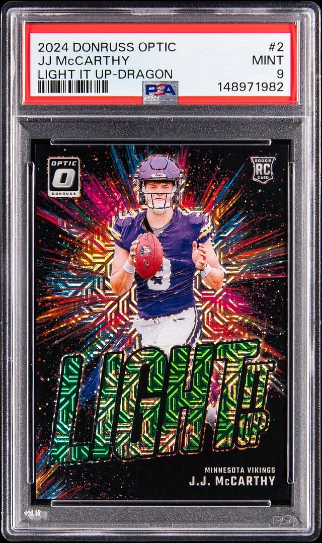2024 Donruss Optic J.J. McCarthy Light it Up Dragon #2 card image