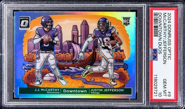 2024 Donruss Optic Justin Jefferson/J.J. McCarthy Downtown Duos #9 card image
