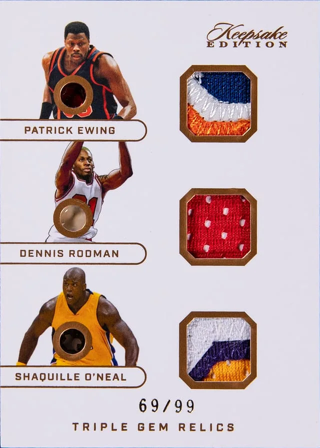 2024 Keepsake Edition Triple Gem Relics Patrick Ewing/Dennis Rodman/Shaquille O'Neal Triple #393 card image