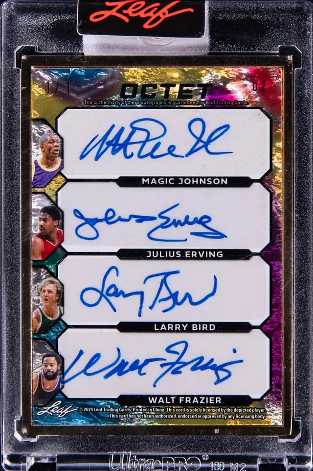 2024 Leaf Curry/Antetokounmpo/Durant/Edwards/Johnson/Erving/Bird/Frazier Multi-Signed Card - Leaf Encased Decadence Multi-Sport Octet Autographs Gold #O-2 card image