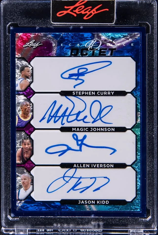 2024 Leaf Curry/Johnson/Iverson/Kidd/Payton/Hardaway/Parker/Marbury Multi-Signed Card - Leaf Encased Decadence Octet Autographs Blue #O-3 card image