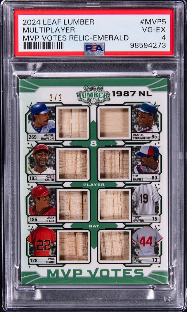 2024 Leaf Dawson/Smith/Clark/Clark/Strawberry/Raines/Gwynn/Davis Bat Lumber 1987 NL MVP Votes Relic Emerald #MVP-5 card image
