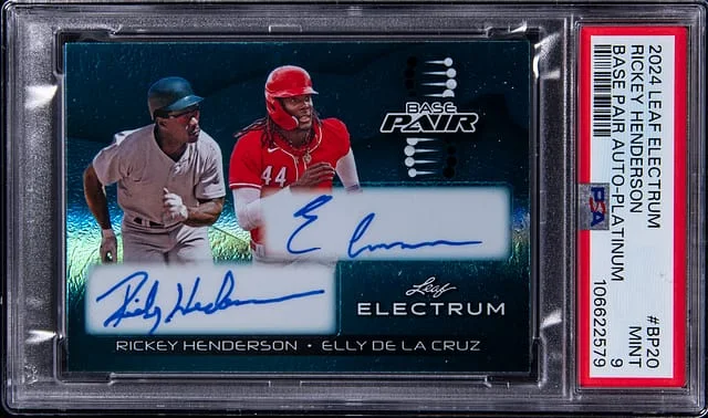 2024 Leaf Elly De La Cruz/Rickey Henderson Electrum Base Pair Autograph Platinum #BP-20 card image