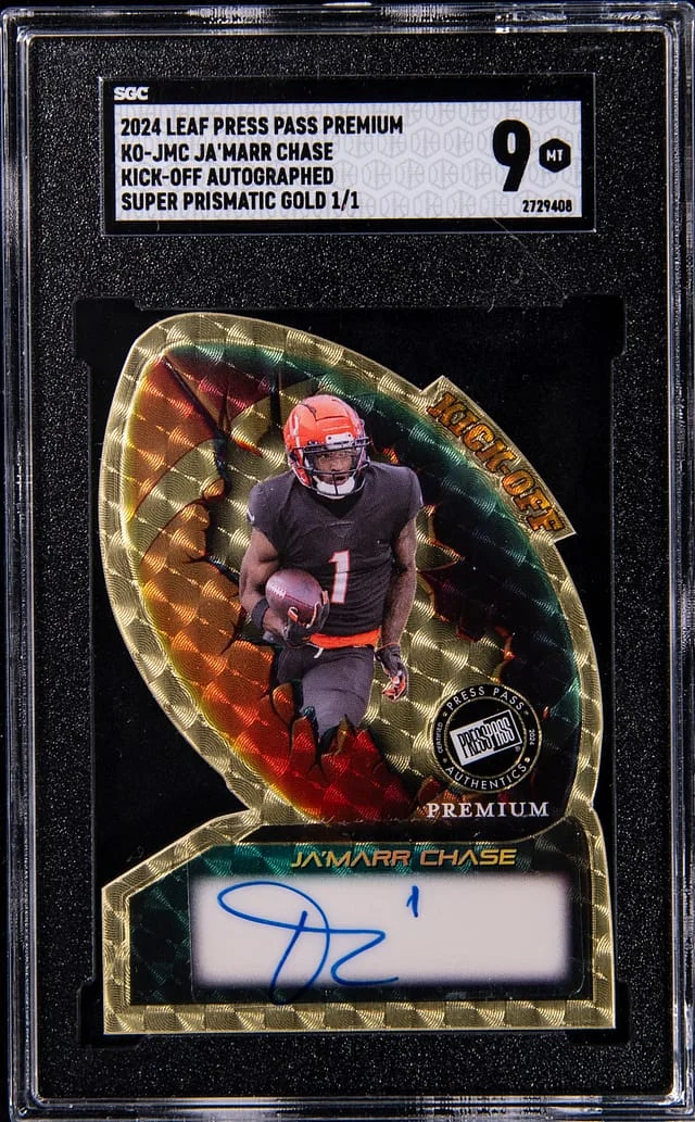 2024 Leaf Ja'Marr Chase Press Pass Premium Kick-Off Autographs Super Prismatic Gold #KO-JMC card image