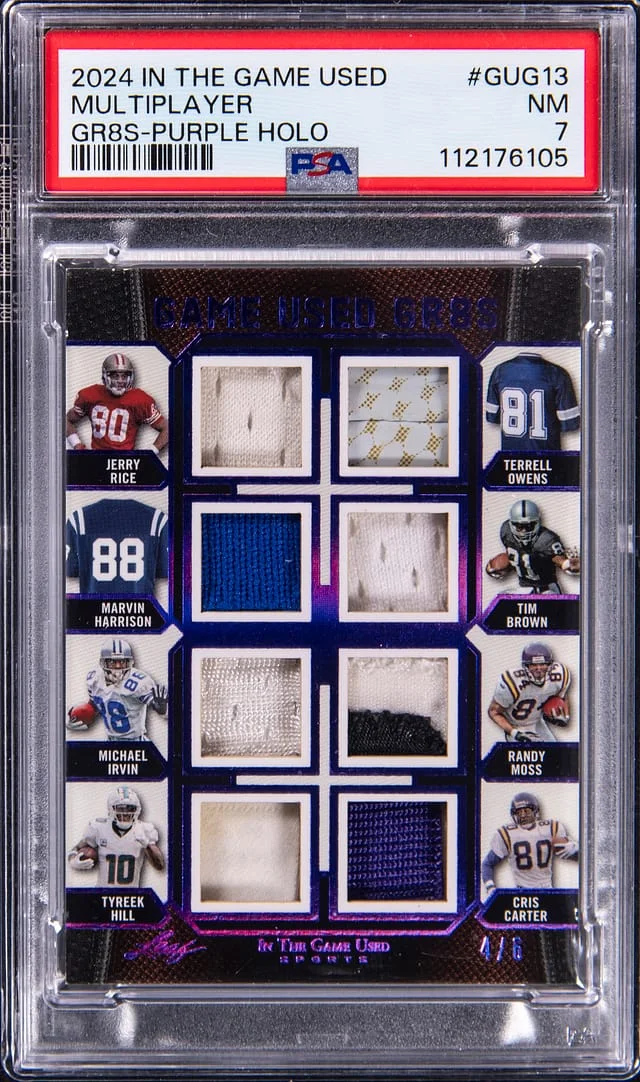 2024 Leaf Jerry Rice/Marvin Harrison/Michael Irvin/Tyreek Hill/Terrell Owens/Tim Brown/Randy Moss/Cris Carter In The Game Used Gr8s Purple Holo #GUG13 card image