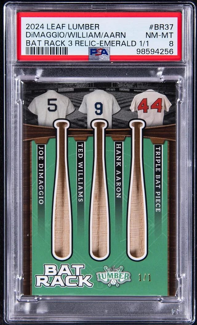 2024 Leaf Joe DiMaggio/Ted Williams/Hank Aaron Bat Lumber Bat Rack 3 Relics Emerald #BR3-7 card image