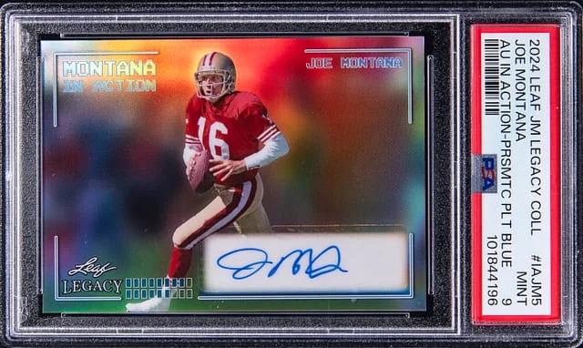 2024 Leaf Joe Montana Legacy Collection Autograph In Action Prismatic Platinum Blue #IA-JM5 card image