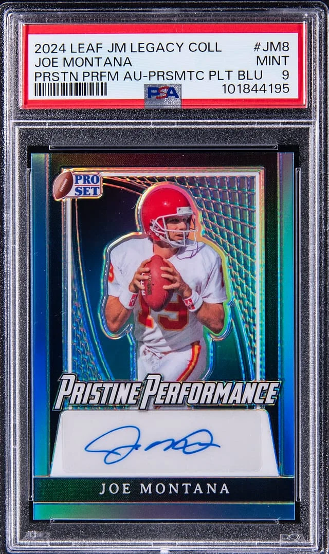 2024 Leaf Joe Montana Legacy Collection Pristine Performance Autograph Prismatic Platinum Blue #PP-JM8 card image