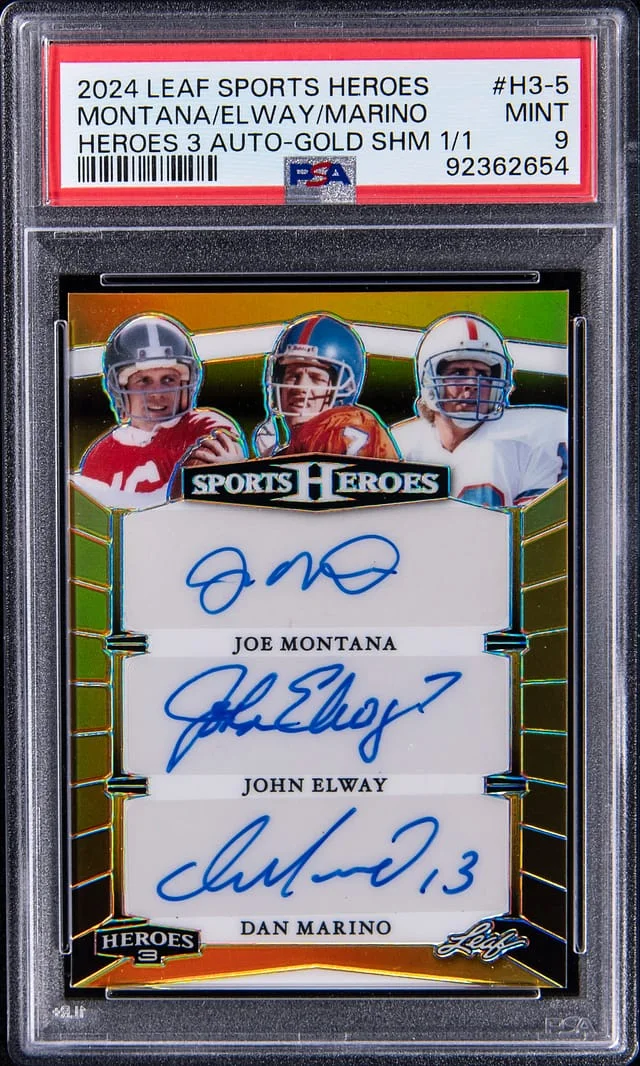 2024 Leaf Joe Montana/John Elway/Dan Marino Multi-Signed Sports Heroes 3 Autographs Gold Shimmer #HS-5 card image