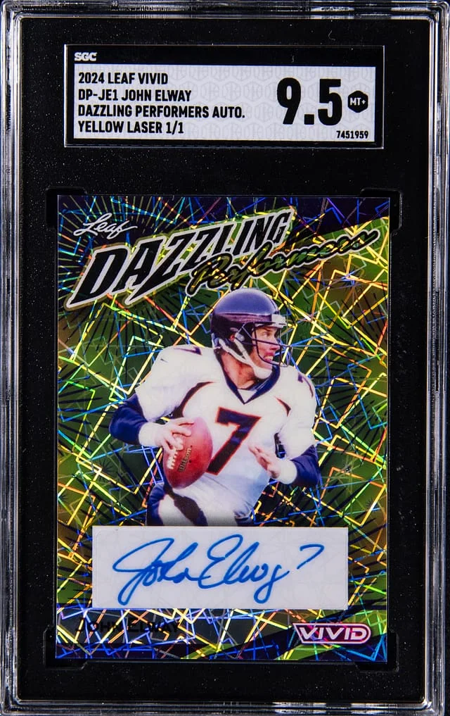 2024 Leaf John Elway Vivid Dazzling Performers Autograph Yellow Laser #DP-JE1 card image