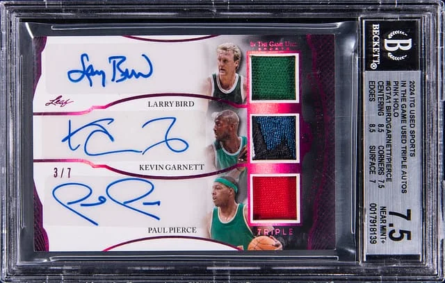 2024 Leaf Larry Bird/Kevin Garnett/Paul Pierce In The Game Used Sports Triple Autographs Pink Holo #IGTA-1 card image