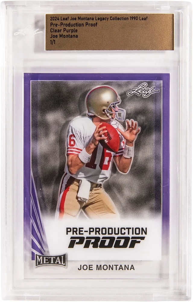 2024 Leaf Leaf Pre-Production - Clear Purple Joe Montana - Leaf Encapsulated Legacy Collection #1990 card image