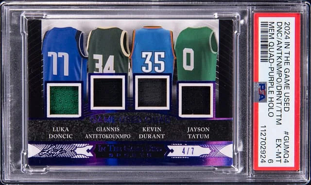 2024 Leaf Luka Doncic/Giannis Antetokounmpo/Kevin Durant/Jayson Tatum In The Game Used Purple Holo Game Used Memorabilia Quad #GUM04 card image