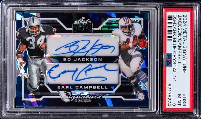 2024 Leaf Metal Bo Jackson/Earl Campbell Signature Series Dual Signature Dark Blue Crystal #DS-3 card image