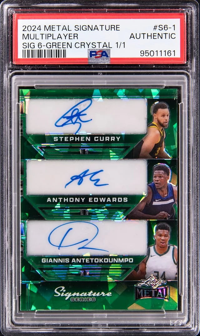 2024 Leaf Metal Curry, Edwards, Antetokounmpo, Johnson, Erving, Bird Multi-Signed Signature Signature 6 Green Crystal #S6-1 card image