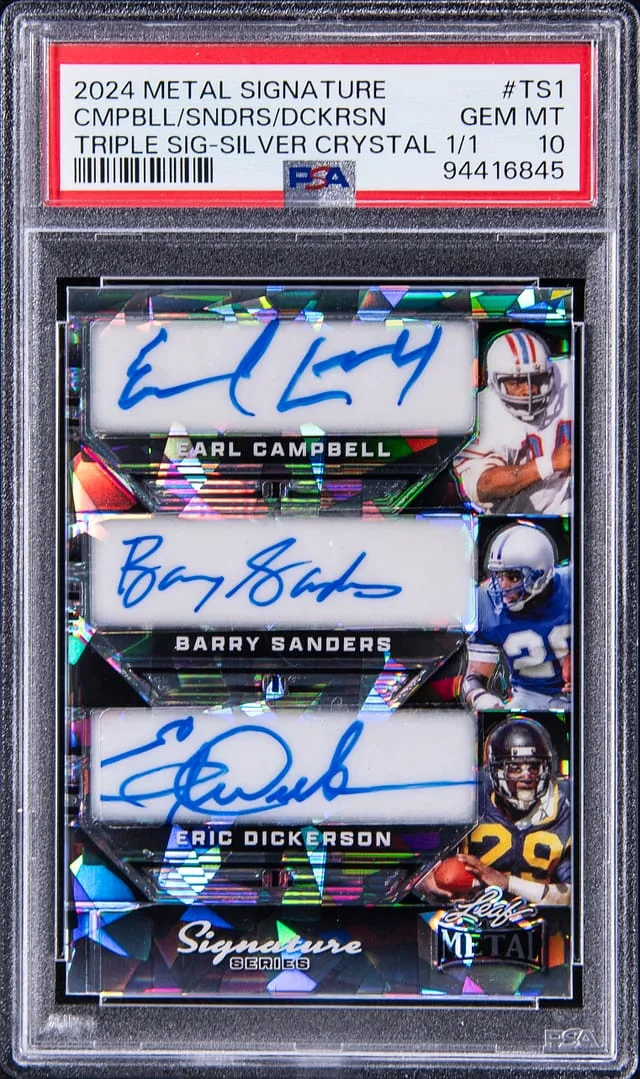 2024 Leaf Metal Earl Campbell/Barry Sanders/Eric Dickerson Multi-Signed Signature Triple Signatures Silver Crystal #TS-1 card image