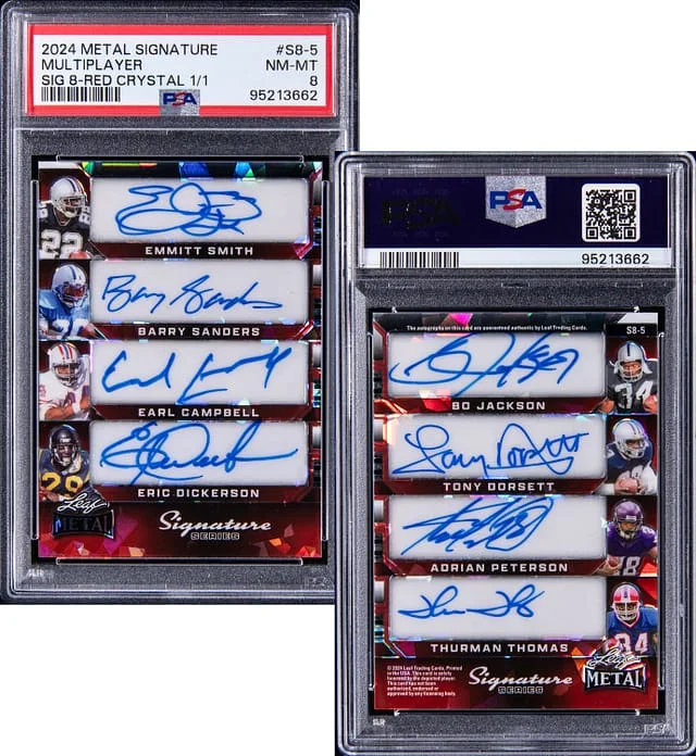2024 Leaf Metal Emmitt Smith/Barry Sanders/Earl Campbell/Eric Dickerson/Bo Jackson/Tony Dorsett/Adrian Peterson/Thurman Thomas Multi-Signed Signature Series Signature 8 Red Crystal #S8-5 card image