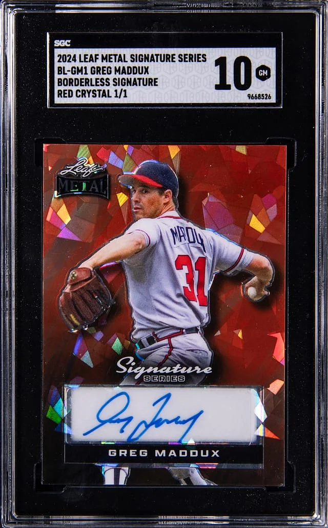 2024 Leaf Metal Greg Maddux Signature Series Borderless Signature Red Crystal #BL-GM1 card image