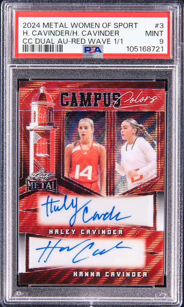 2024 Leaf Metal Haley Cavinder/Hanna Cavinder Women of Sport Campus Colors Dual Autograph Red Wave #CCD-3 card image