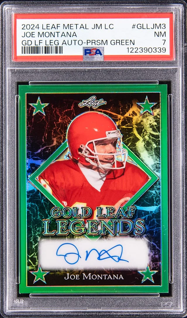 2024 Leaf Metal Joe Montana Legacy Collection Gold Leaf Legend Autograph Prism Green #GLL-M3 card image