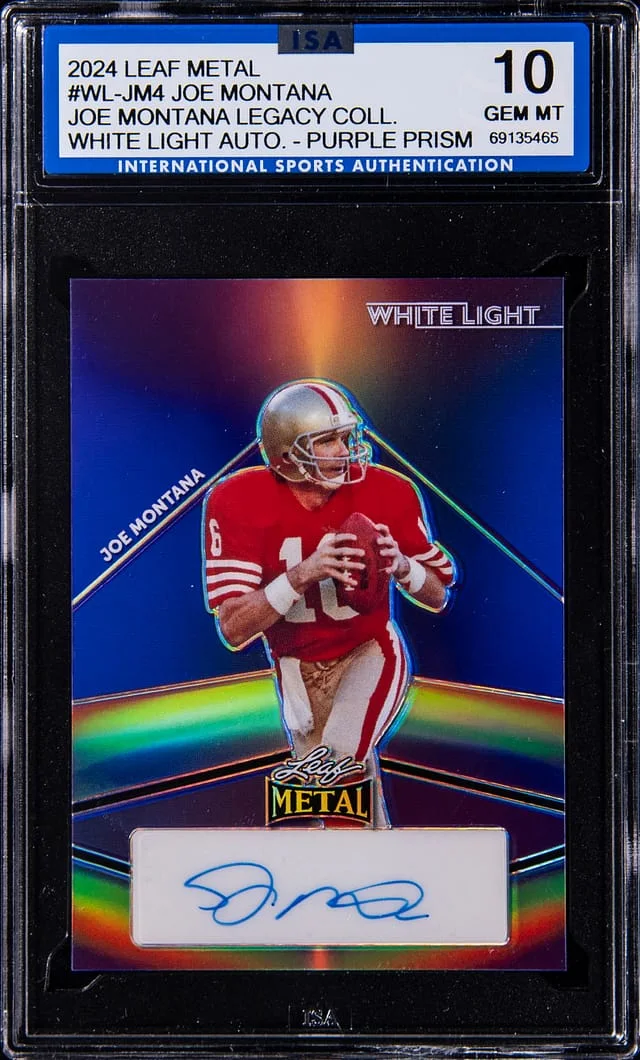 2024 Leaf Metal Joe Montana White Light Autographs Purple Prism #WL-JM4 card image