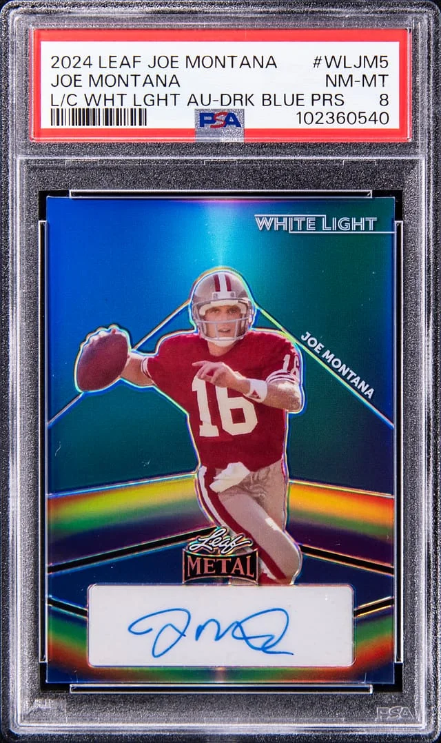 2024 Leaf Metal Joe Montana Legacy Collection White Light Autograph Dark Blue Prismatic #WL-JM5 card image