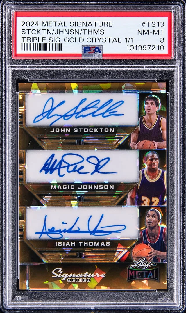 2024 Leaf Metal John Stockton/Magic Johnson/Isiah Thomas Multi-Signed Signature Series Triple Signatures Gold Crystal #TS-13 card image