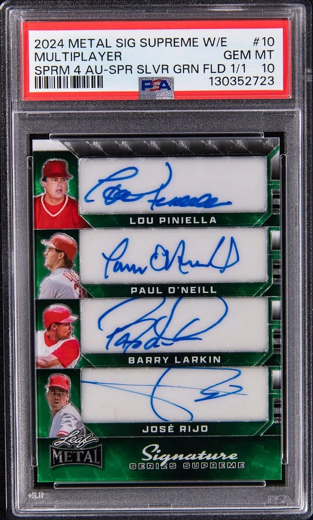 2024 Leaf Metal Lou Piniella/Paul O'Neill/Barry Larkin/Jose Rijo Multi-Signed Signature Supreme Whatnot Supreme 4 Autograph Superfractor Silver Green Field #10 card image