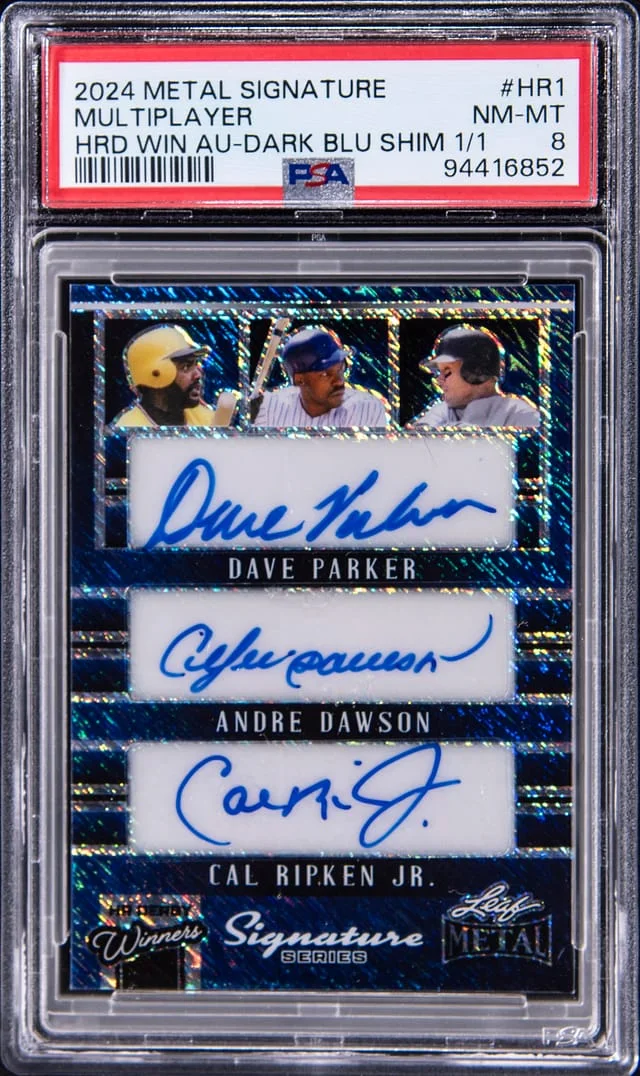 2024 Leaf Metal Parker/Dawson/Ripken Jr./McGwire/Thomas/Sosa Multi-Signed Signature Home Run Derby Winners Autograph Dark Blue Shimmer #HR-1 card image