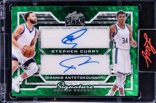 2024 Leaf Metal Stephen Curry/Giannis Antetokounmpo Signature Series Supreme Super Silver Green Flood #SP-18 card image