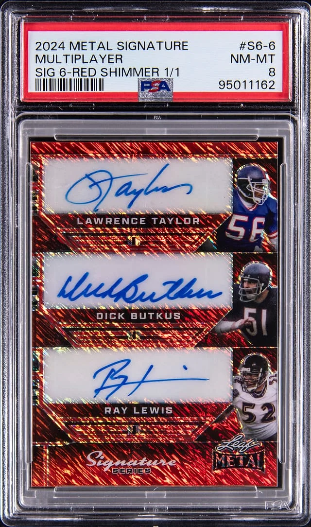2024 Leaf Metal Taylor/Butkus/Lewis/Bosworth/Singletary/Carson Multi-Signed Signature Signature 6 Red Shimmer #S6-6 card image